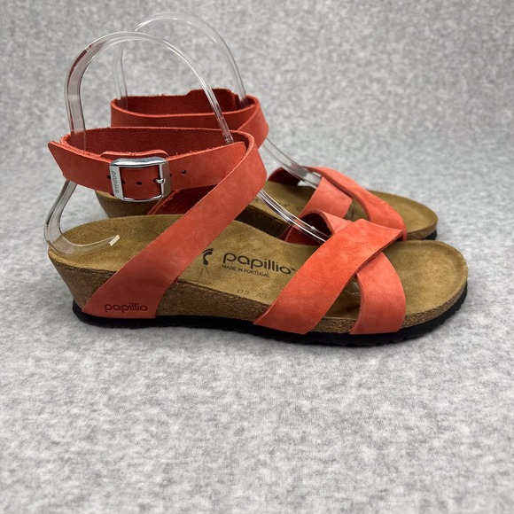 Birkenstock Papillio Orange Lola Nubuck Leather Ankle Strap Wedge Sandal Size 39 - Picture 2 of 9